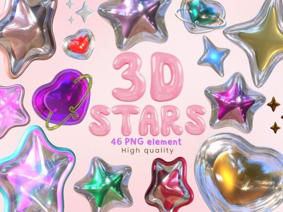 3D Stars & Hearts Collection: Vibrant PNG Elements