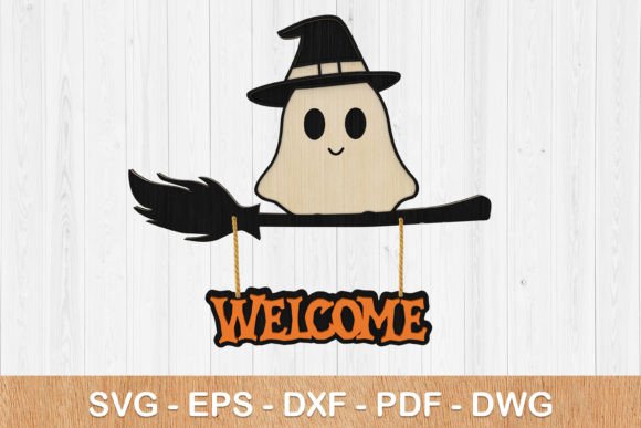 Cute Ghost Halloween Welcome Sign SVG 3d
