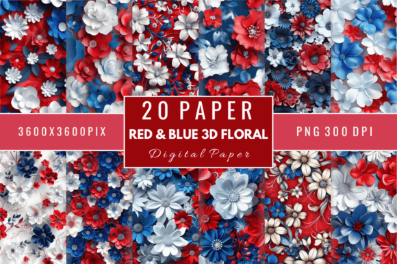 Red & Blue 3D Floral Digital Papers