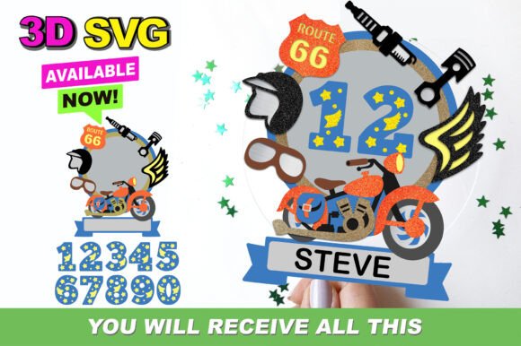 Vintage Motorcycle Cake Topper 3D SVG